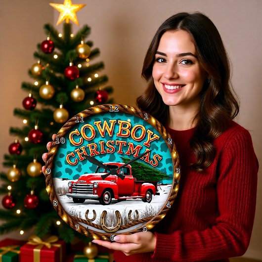 Cowboy Kerstmis Rode Truck Grote Klok