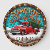 Cowboy Kerstmis Rode Truck Grote Klok (Voorkant)