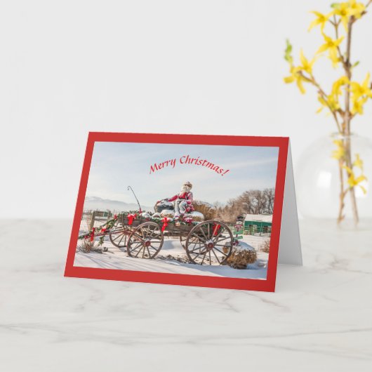 Cowboy Kerstmis Wagon met Hay Bales Kaart (Gele Bloem)