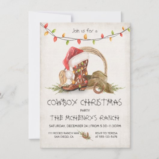Cowboy kerstverlichting Rustieke Waterverf Party Kaart (Voorkant)