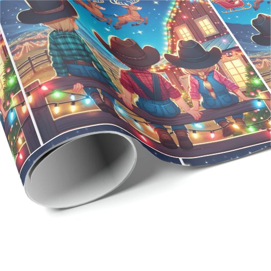 Cowboy Kinder op hek Santa vliegt over de schuur Cadeaupapier (Rol Hoek)