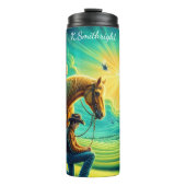 Cowboy knielt voor Jezus op kruispaard Thermosbeker (Voorkant)