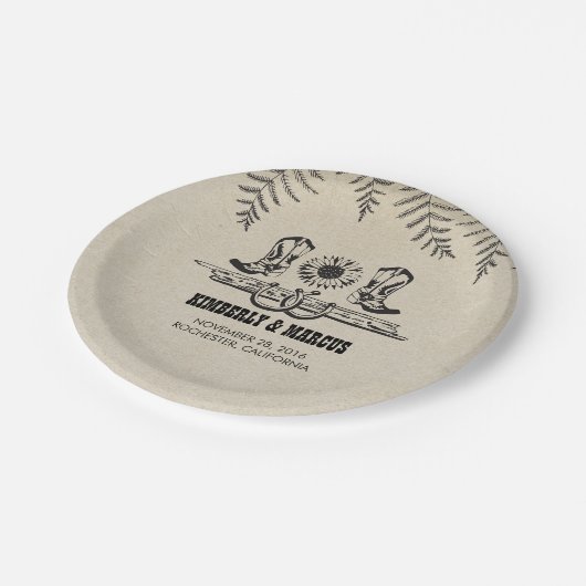 Cowboy laarzen rustiek land bruiloft papieren bordje (Gekanteld)