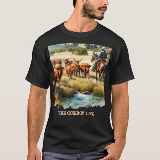 Cowboy Live Long Horn Cattle Roundup T-shirt (Voorkant)