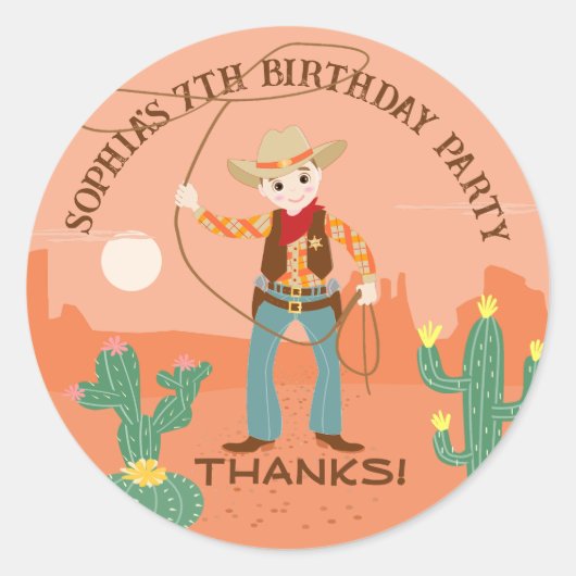 Cowboy met een lasso en cactussen kinderen Verjaar Ronde Sticker (Voorkant)