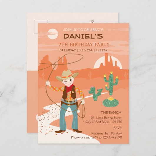 Cowboy met een lasso en cactussen kinderen Verjaar Uitnodiging Briefkaart (Voorkant / Achterkant)