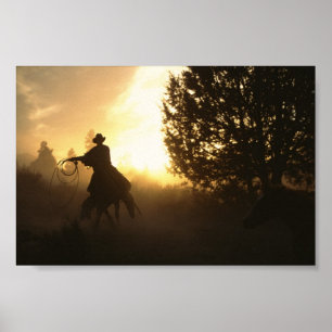 Cowboy met Lasso in Zonsondergang Poster