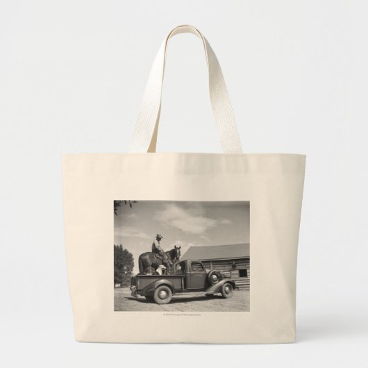 Cowboy met paard in een vrachtwagen grote tote bag (Voorkant)
