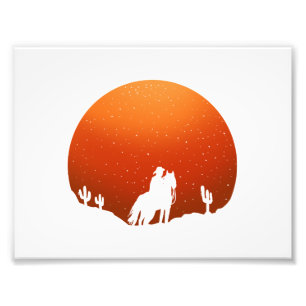 Cowboy met paard Wild West sunset landschap Foto Afdruk