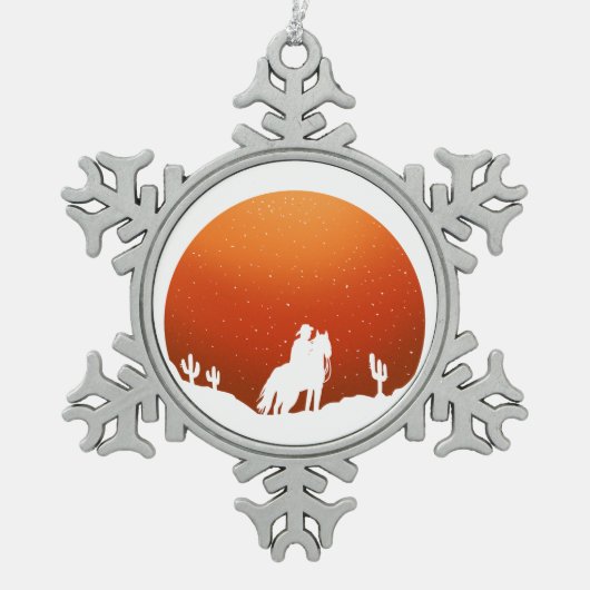 Cowboy met paard Wild West sunset landschap Tin Sneeuwvlok Ornament (Voorkant)