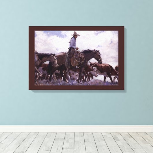  cowboy met zijn vee van Koerner Canvas Afdruk (Insitu (Houten vloer))