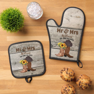Cowboy Mijnheer Mevrouw Western Land Familie Naam Ovenwant & Pannenlap Set