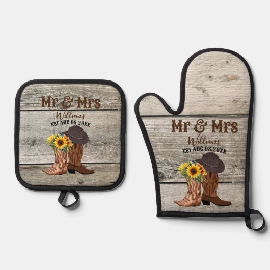 Cowboy Mijnheer Mevrouw Western Landelijke Familie Ovenwant & Pannenlap Set (Voorkant)