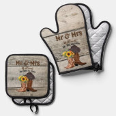 Cowboy Mijnheer Mevrouw Western Landelijke Familie Ovenwant & Pannenlap Set (Voorkant / Achterkant)