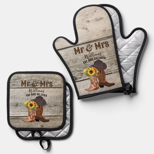 Cowboy Mijnheer Mevrouw Western Landelijke Familie Ovenwant & Pannenlap Set (Voorkant / Achterkant)