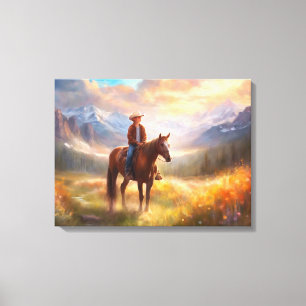 Cowboy Mountain Horseback Boy's Bedroom Art Canvas Afdruk