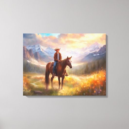 Cowboy Mountain Horseback Boy's Bedroom Art Canvas Afdruk (Voorkant)