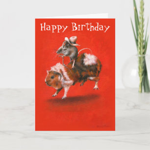 Cowboy Mouse Riding Guinea Pig Birthday Card Kaart