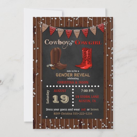 Cowboy of Cowgirl Western Gender Reveal Red Brown Kaart (Voorkant)