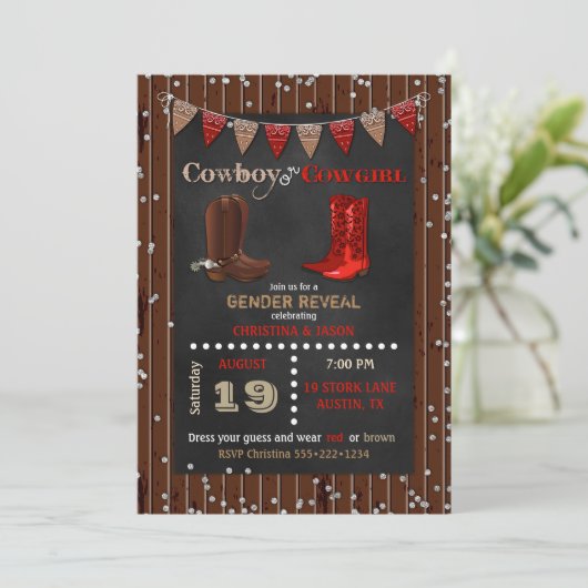 Cowboy of Cowgirl Western Gender Reveal Red Brown Kaart (Staand voorkant)