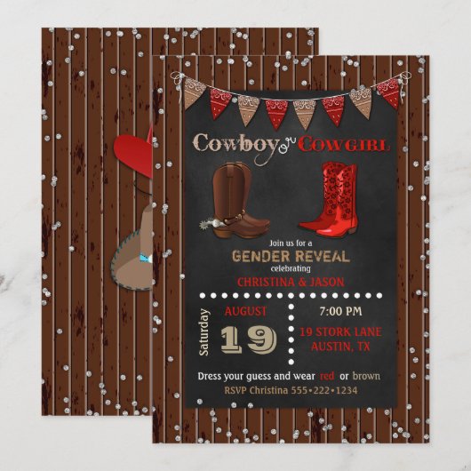 Cowboy of Cowgirl Western Gender Reveal Red Brown Kaart (Voorkant / Achterkant)