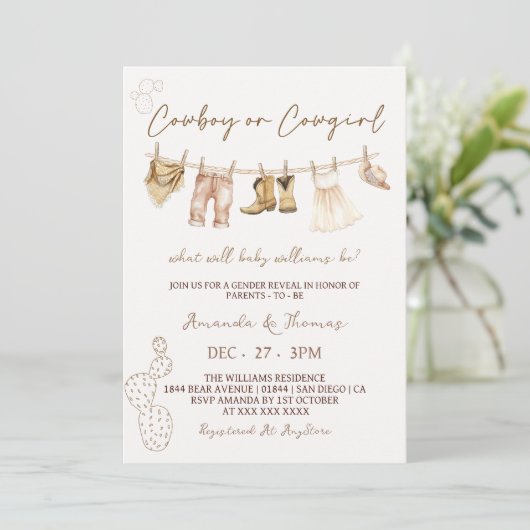 Cowboy of Cowgirl Westerne genderonthulling uitnod Kaart (Staand voorkant)