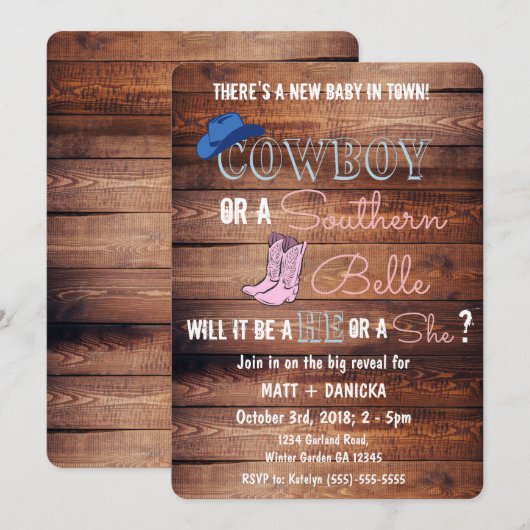 Cowboy of Southern Belle Gender Reopenbaart Baby s Kaart (Voorkant / Achterkant)