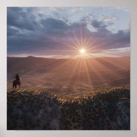 Cowboy on Horseback at Sunset, Western Desert  Poster (Voorkant)