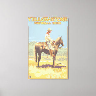 Cowboy on Horseback - Yellowstone National Canvas Afdruk
