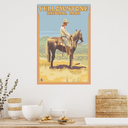 Cowboy on Horseback - Yellowstone National Park Poster (Keuken)