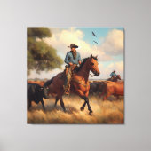 Cowboy op Bay Horse Canvas Afdruk (Voorkant)