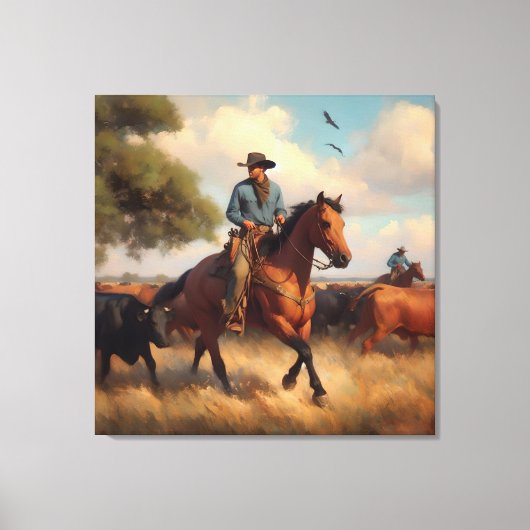 Cowboy op Bay Horse Canvas Afdruk (Voorkant)