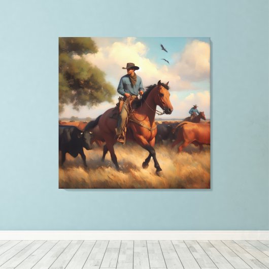 Cowboy op Bay Horse Canvas Afdruk (Insitu (Houten vloer))