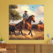 Cowboy op Bay Horse Canvas Afdruk (Insitu (Woonkamer))