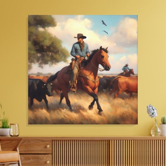 Cowboy op Bay Horse Canvas Afdruk (Insitu (Woonkamer))