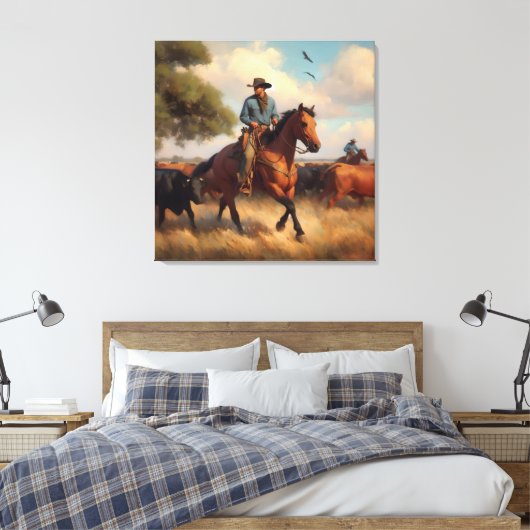 Cowboy op Bay Horse Canvas Afdruk (Insitu (Slaapkamer))