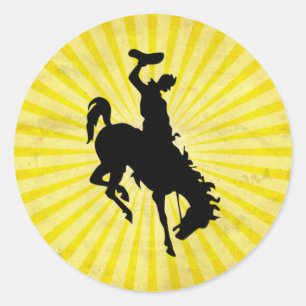 Cowboy op Bucking Bronc; geel Ronde Sticker