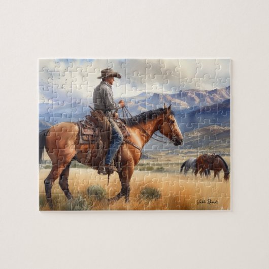 Cowboy op Buckskin Paard Legpuzzel (Horizontaal)