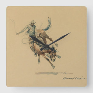 Cowboy op een Bucking Horse #3 van Edward Borein Vierkante Klok
