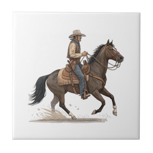 Cowboy Op Een Paard Tegeltje (Voorkant)