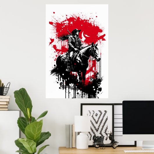 Cowboy op een paardenschilderij poster (Thuiskantoor)