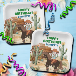 Cowboy op een verjaardagsfeestje papieren bordje