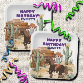 Cowboy op een verjaardagsfeestje papieren bordje