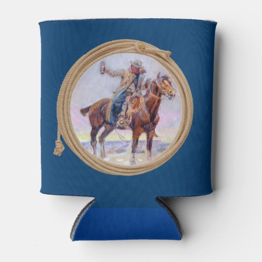 Cowboy op paard die een toast maakt blikjeskoeler (Voorkant)