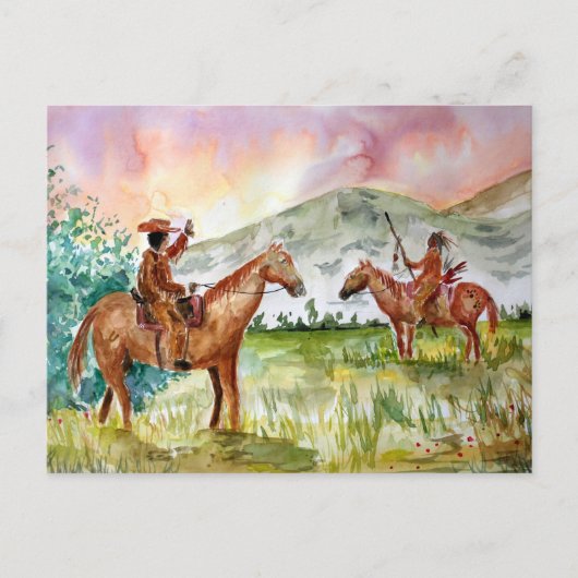 Cowboy op paard ontmoet Native American Briefkaart (Voorkant)