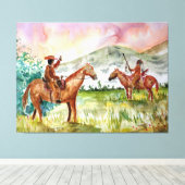 Cowboy op paard ontmoet Native American Canvas Afdruk (Insitu (Houten vloer))