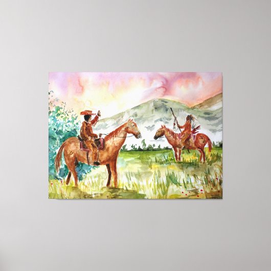 Cowboy op paard ontmoet Native American Canvas Afdruk (Voorkant)