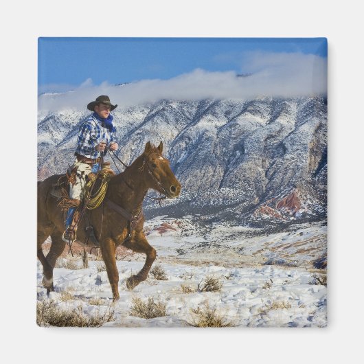 Cowboy op paarden met lederen kapjes magneet (Voorkant)