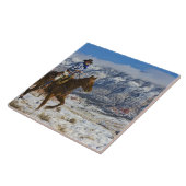 Cowboy op paarden met lederen kapjes tegeltje (Zijkant)