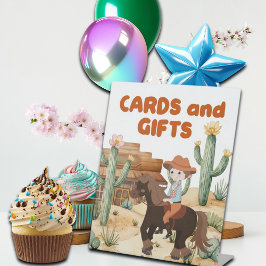 Cowboy op paardenverjaardagsfeest Kaarten en gesch Reclamebord Met Voetstuk